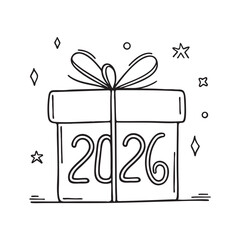 New Year ribbon wrapped around a small 2026 stamped gift box