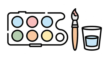 A watercolor paint palette with eight colors, a paintbrush, and a glass of water.