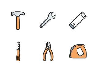 Set of six simple, colorful icons depicting common hand tools for DIY and construction projects