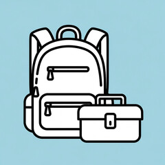 A simple line art illustration of a backpack and a lunchbox, representing school or work supplies.