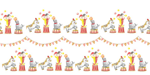 Watercolor circus border with animals and acrobat on drums. Seamless circus pattern with cute characters and flags. Seal, horse and child in costume watercolor illustration template for baby party.