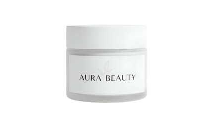 White cosmetic jar with minimalist label sits against a solid black background