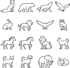Collection of stylized animal line art icons bear wolf
