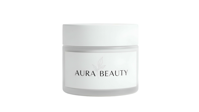 White cosmetic jar with minimalist label sits against a solid black background