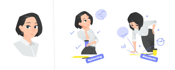 Cartoon Businesswoman Character in Office Environment with Confident and Positive Emotions. Vector Illustration for Corporate, Digital, and Creative Projects. Perfect for Presentation and Branding.