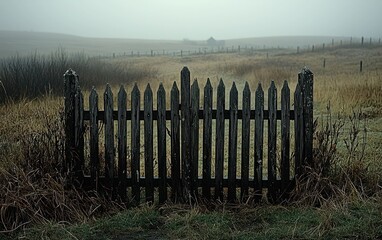 Obraz premium Old wooden gate in a misty field with distant hills and structure