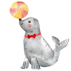 Circus seal watercolor illustration with ball. Hand drawn cute baby animal with tied bow. Seal can used for perfomance, greeting cards, invitation designs.