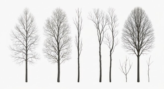 Bare winter trees with intricate branches, isolated against a white backdrop