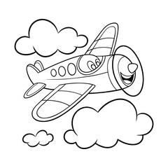 Happy Cartoon Airplane Sitting On Fluffy White Clouds Illustration