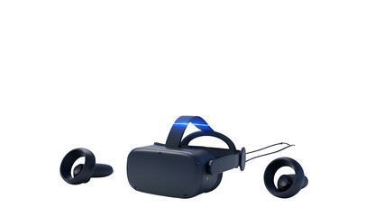 Immersive digital reality headset with accompanying handheld controllers displayed against a solid black background