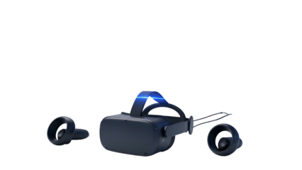 Immersive digital reality headset with accompanying handheld controllers displayed against a solid black background