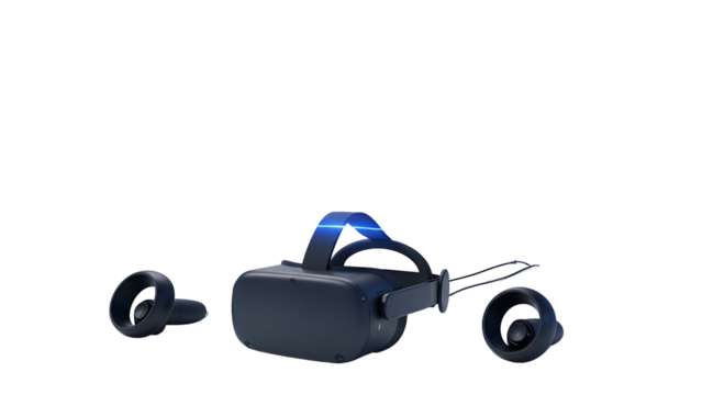 Immersive digital reality headset with accompanying handheld controllers displayed against a solid black background