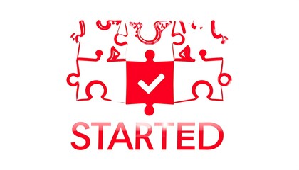 Red puzzle pieces forming a completed shape with a checkmark at the center. The word "STARTED" appears below