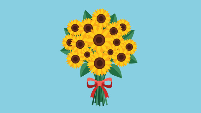 Vibrant Sunflower Bouquet with Red Bow - Flat Illustration on Blue Background - Powered by Adobe