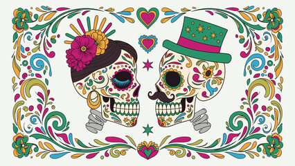 Colorful Day of the Dead Sugar Skulls Couple Illustration with Floral Border and Hearts