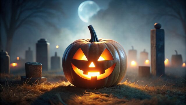 A luminous jack-o'-lantern sits serenely amidst a graveyard shrouded in an ethereal mist, illuminated by a mystical moon