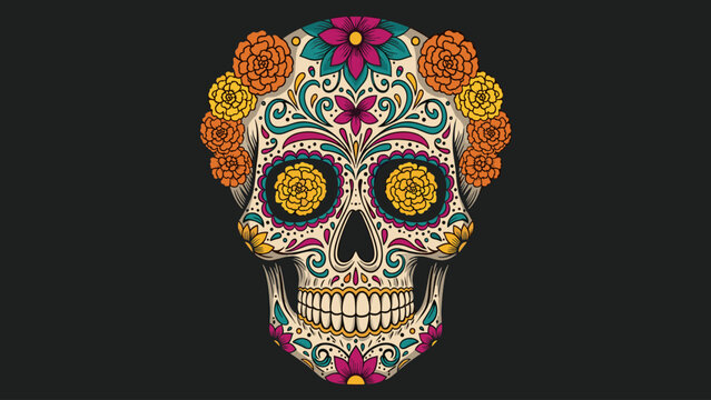 Vibrant Day of the Dead Sugar Skull Illustration with Marigold Flowers & Intricate Floral Patterns. Calavera Art.