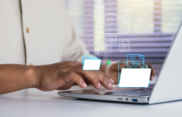 Digital document management system concept. secure cloud storage. DMS. Data organization, File sharing, Store encrypted files. Enterprise solutions. Businessman using laptop saving classifying files.