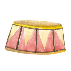 Watercolor drum illustration isolated. Drum with yellow and red colors.