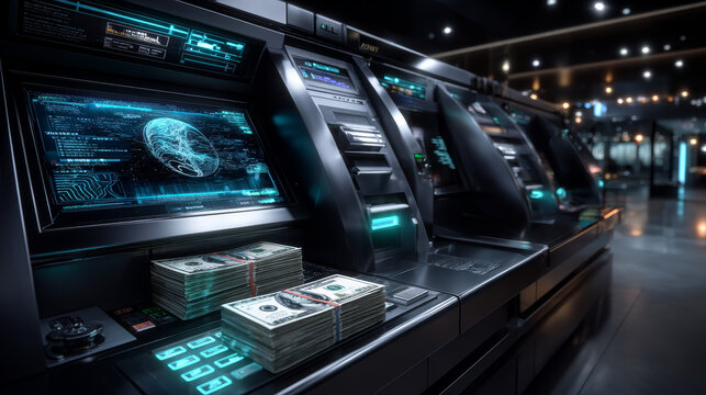 3D Withdrawing cash from ATM. Cash dollar bills. Cashing out of finances. Bank payment concept. 3D Rendering