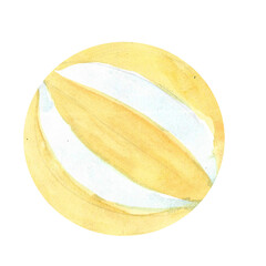 Watercolor beach ball isolated. Plastic Ball of toy. Summer illustration, hand drawn. Vintage art.