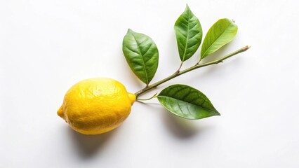A single ripe yellow lemon attached to a stem with vibrant green leaves, set against a clean white background