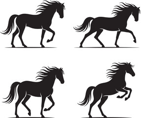 Four black horse silhouettes in motion on white background
