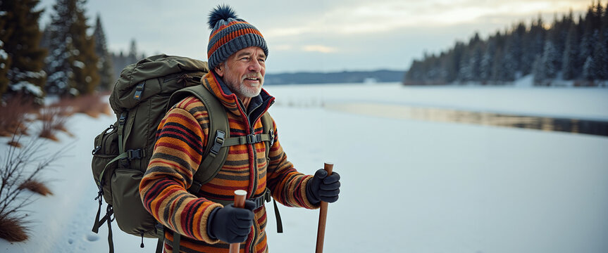 Elderly man hiking in winter landscape with backpack and hiking poles