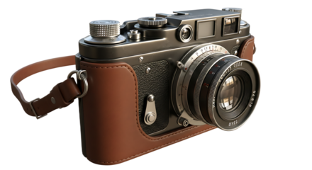 Close up of a vintage camera with a brown leather case and strap on a black background