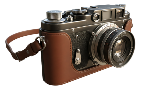 Close up of a vintage camera with a brown leather case and strap on a black background