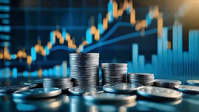 Stacks of silver coins with financial candlestick chart overlay, representing investment growth, trading, and economic success.