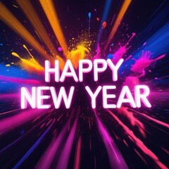 Happy New Year neon text with colorful paint splashes
