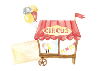 Watercolor circus cart with cotton candy illustration. Food street shop with bunting and paper with empty text. Carnival circus background