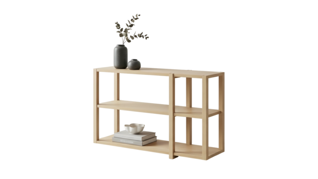 Minimalist wooden console table displays decorative objects against a dark background