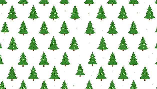 Repeating pattern of green cartoon Christmas trees with brown trunks and small green dots. Simple, festive graphic on a white background