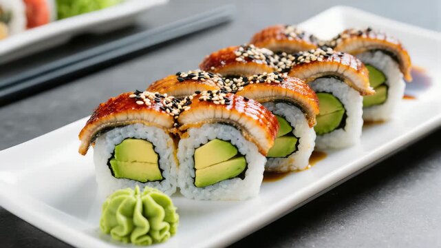 Delicious sushi rolls with grilled eel, avocado, and rice topped with sesame seeds and sauce. Served on a white rectangular plate with wasabi. Fresh and flavorful food.