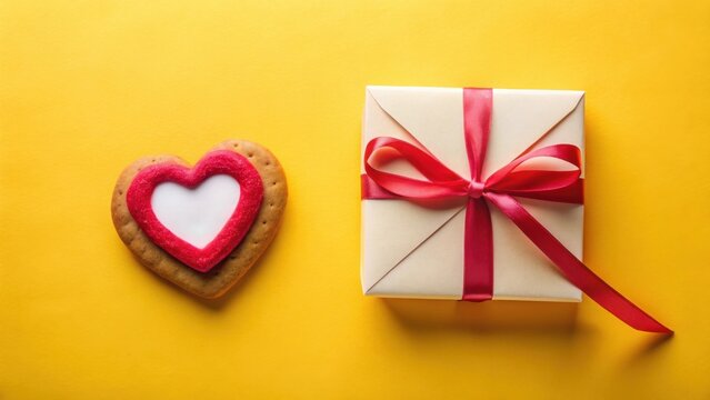 A heart-shaped cookie and a gift box tied with a vibrant ribbon on a cheerful yellow background, a sweet gesture of love and affection.