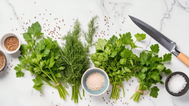 Bundles of fresh parsley and dill lie on a marble surface with bowls of salt, seeds, and a knife nearby. Ideal for cooking and food prep concepts. Natural and healthy kitchen scene.