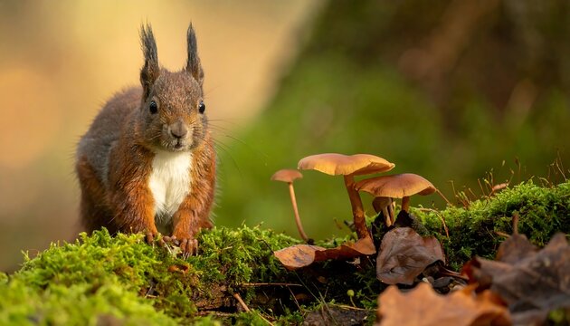 Red squirrel sits on mossy log near mushrooms, facing forward in an autumnal forest setting with bokeh background