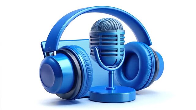 Audio Recording Equipment: Microphone, Headphones, and Tablet - Blue Set on White