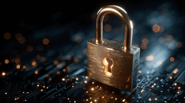 A metal lock on a printed circuit board background. The lock is highlighted with a golden light, creating a sense of security and information protection. Cybersecurity theme.