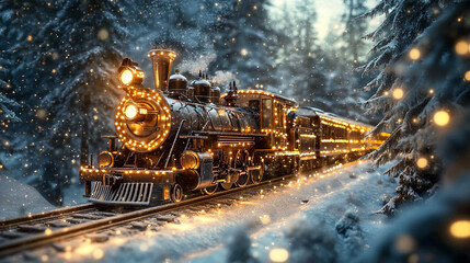 An old train decorated with bright lights, moving along the railway tracks in a winter forest.