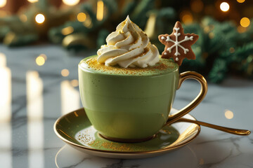 Christmas coffee with whipped cream decorated with gingerbread in a green mug. Coffee in a pistachio cup against a backdrop of sparkling lights. New Year's cocoa with whipped cream and decorations.