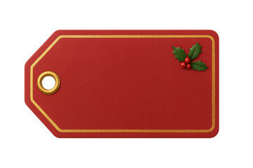 Obraz premium Red christmas gift tag with gold border and holly illustration, blank space for text ideal for holiday sales messaging