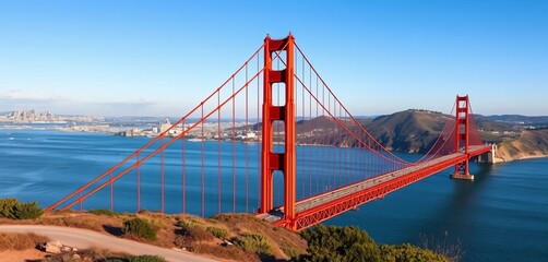 Golden Gate Bridge spanning the San Francisco Bay, cityscape backdrop, pacific ocean, photo