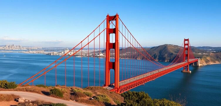 Golden Gate Bridge spanning the San Francisco Bay, cityscape backdrop, pacific ocean, photo