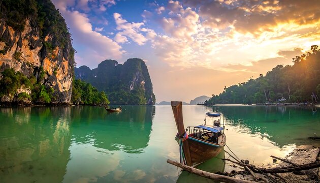Scenic ocean vista at sunset, framed by verdant cliffs and a traditional wooden boat, calm turquoise waters and a dramatic sky
