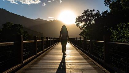 Shadow of a person walking across a bridge