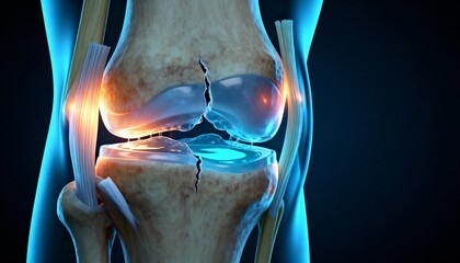 Fractured knee joint with cartilage damage. 3D medical illustration of a broken leg bone showing inflammation. Orthopedics and sports injury concept