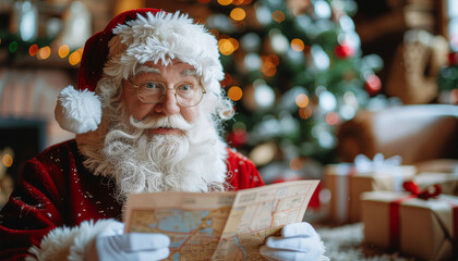 Santa studying a map of deliveries